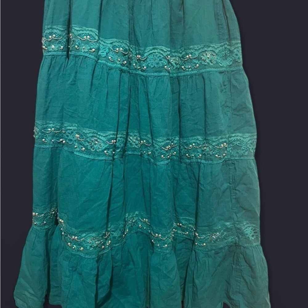 Blue boho midi skirt with ruffles, lace and bling detailing